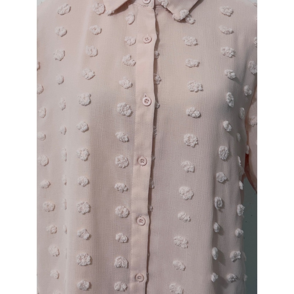 Women Short Sleeve Pom Pom Button Down Blouse Pink Size L Chic Feminine Airy - Picture 3 of 5